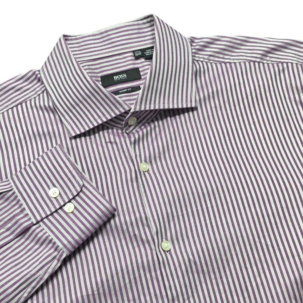 Hugo Boss Sharp Fit Dress Shirt Mens 17.5 36/37 Purple White Striped 100% Cotton